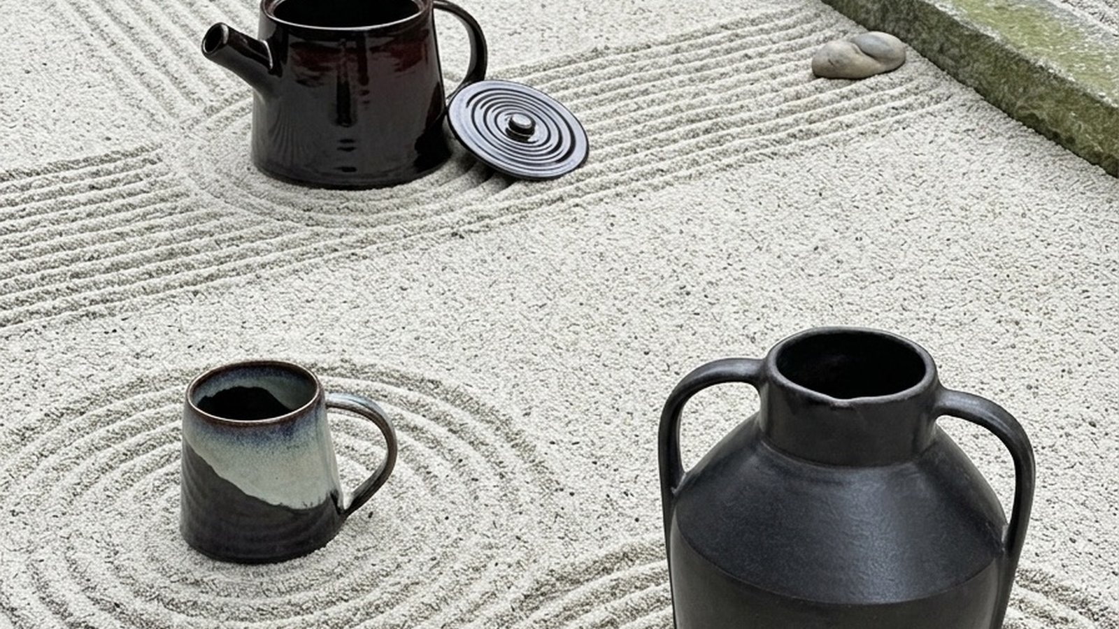 Stoneware teapot, mug and amphora in a zen garden